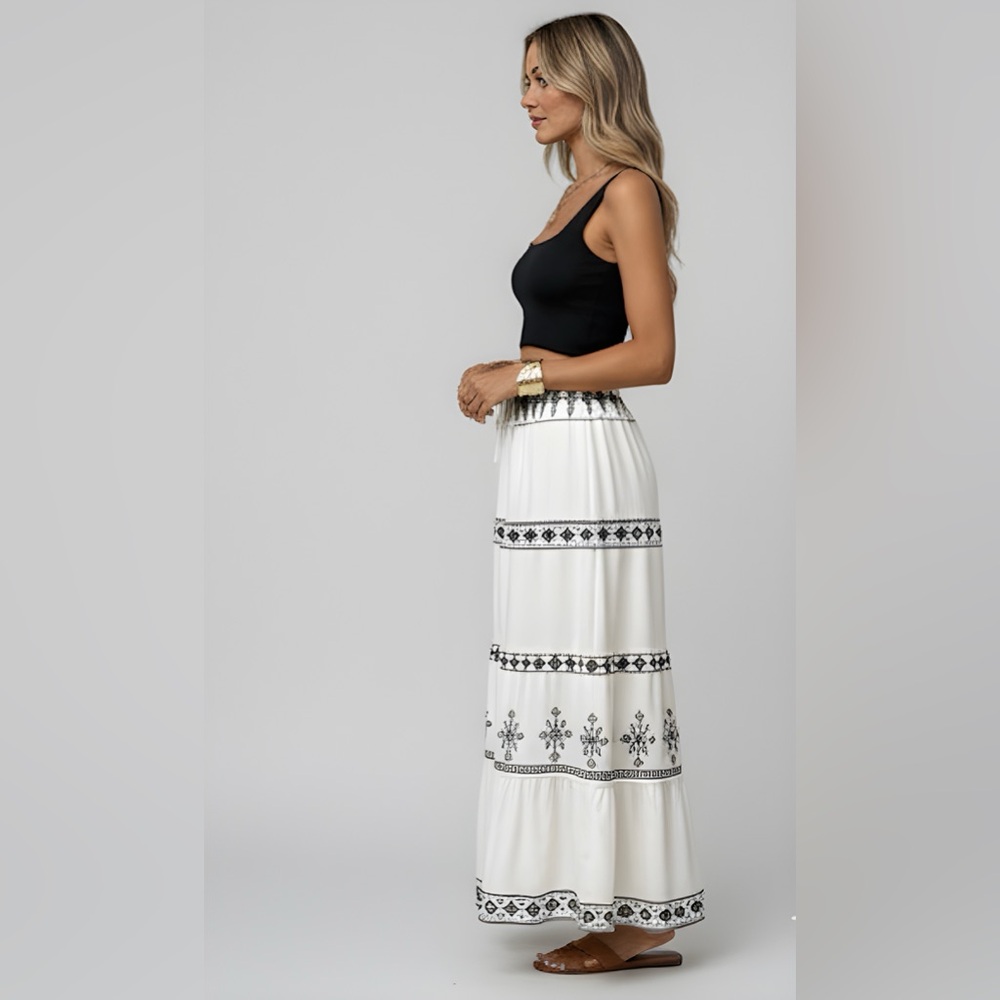 Boho Print Shirred waist Maxi Skirt Off White - Picture 2 of 7